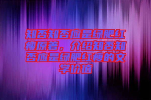 知否知否應是綠肥紅瘦原著，介紹知否知否應是綠肥紅瘦的文學價值
